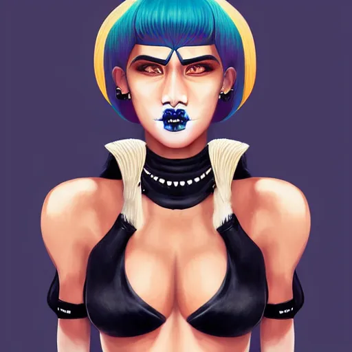 Image similar to illustrated realistic portrait of ram-horned devil woman with blue bob hairstyle and her tan colored skin and with solid black eyes wearing leather by rossdraws