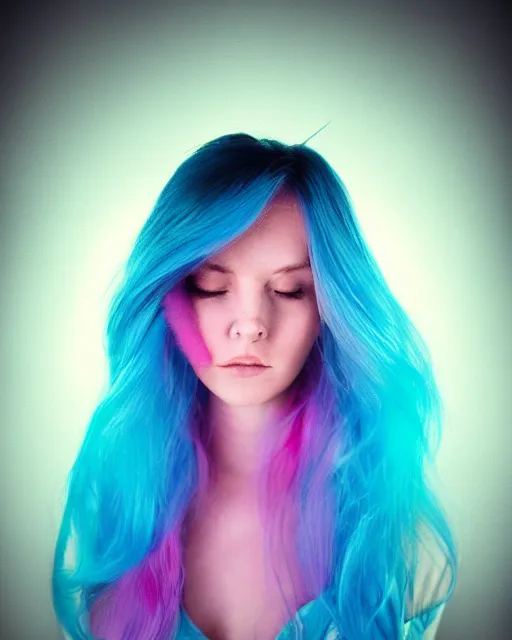 Image similar to a dramatic lighting photo of a beautiful young woman with cotton candy hair. with a little bit of cyan and pink