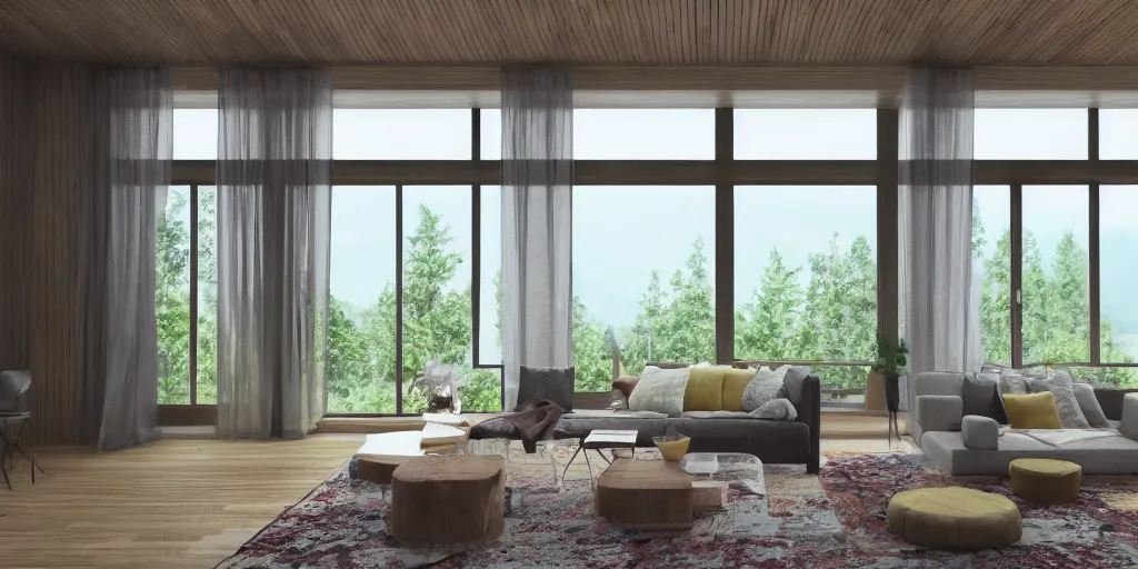 Prompt: a beautiful modern living room, large windows with a beautiful view of a forest, an area rug, realistic, hd, 8 k, digital rendering, unreal engine, blender, octane, maya