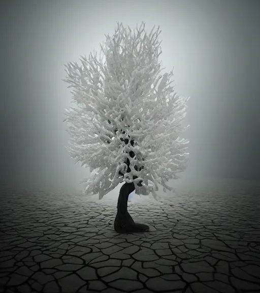 Prompt: surreal white tree made of snakes, ancient in the desert, foggy sky, dark night, octane render, unreal engine, pale colors, high detail, 8 k, wide angle, trending on artstation, behance
