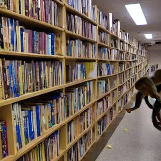 Prompt: monkeys moving into a college dorm stacking books on shelves