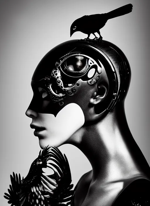 Image similar to profile portrait, a stunning young woman - cyborg with a mutant crow head, editorial photography, bw, by hans bellmer, shot on 7 0 mm, depth of field, f / 2. 8, high contrast, 1 6 k, volumetric lighting, shiny, insanely detailed and intricate, hypermaximalist, elegant, ornate