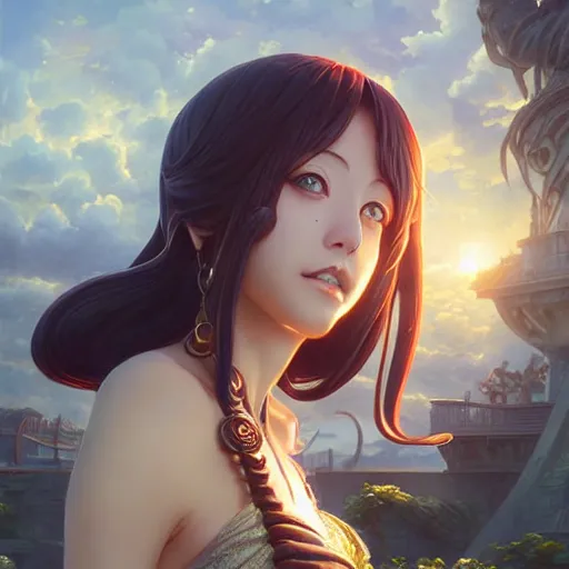 Image similar to highly detailed vfx portrait of nami by eiichiro oda!, stephen bliss, greg rutkowski, loish, rhads, beeple, makoto shinkai, tom bagshaw, alphonse mucha, sharp focus, art by artgerm and greg rutkowski, stanley kubrick, backlit, harsh overhead sunlight,