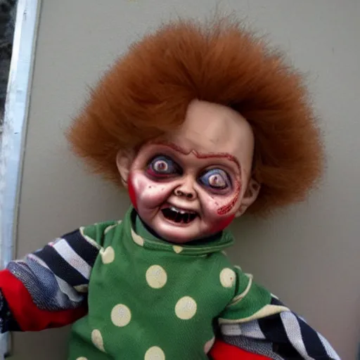 Prompt: creepy vintage Chucky doll on sale at a garage sale