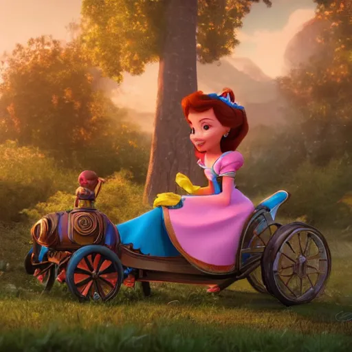 Prompt: disney inspired cindrella and her magic chariot, hi definition, photo realistic painting, octane render, 8 k, art station, unreal engine, beautiful details,