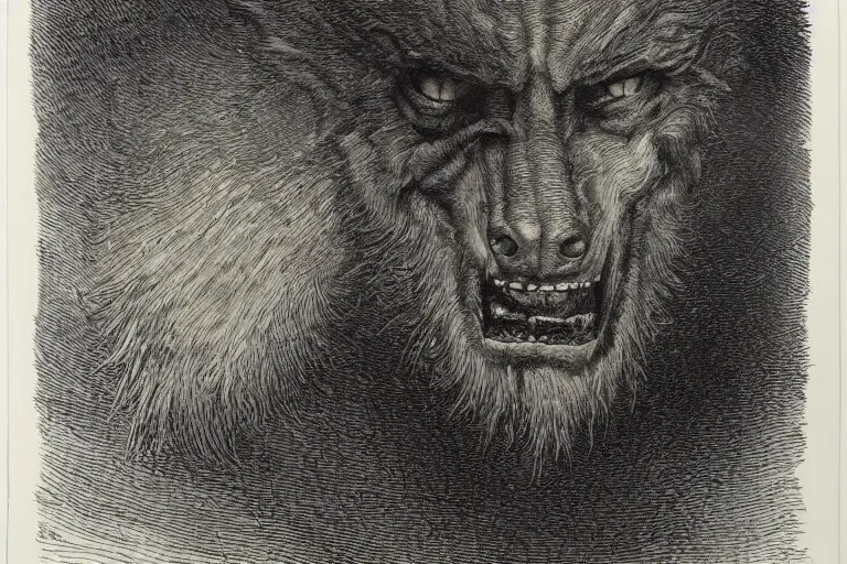 Image similar to werewolf face, Gustave Dore lithography