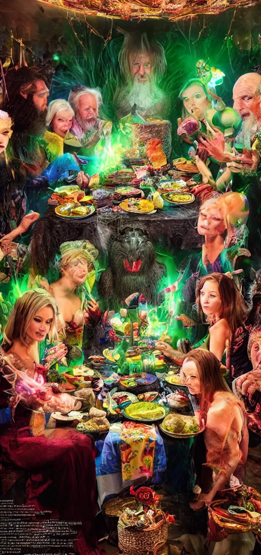 Prompt: an 8 k magazine editorial photo shoot color hdr picture of zardoz accessing third eye everlasting magical second level during his 9 6 6 th birthday party along with female friends. everything is of the second level including plates of green bread and hams on the isle of kun lao. volumetric lighting. atmospheric