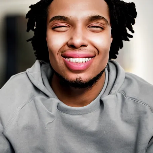 Image similar to rapper smiling wide guy high red eyes fake smiles