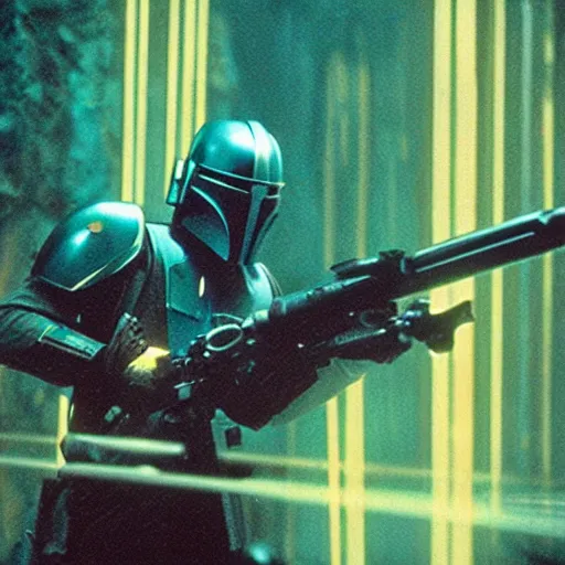 Image similar to 35mm film still jedi mandalorian training with laser sword on an epic mountain, blade runner set in a rainy tropical forest, cool colors, moody, by Alex grey