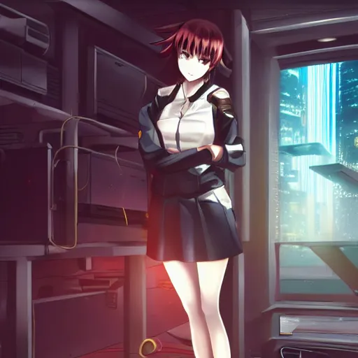 Image similar to advanced anime digital art, cyberpunk girl sitting in a box , visual key, Makoto Shikai