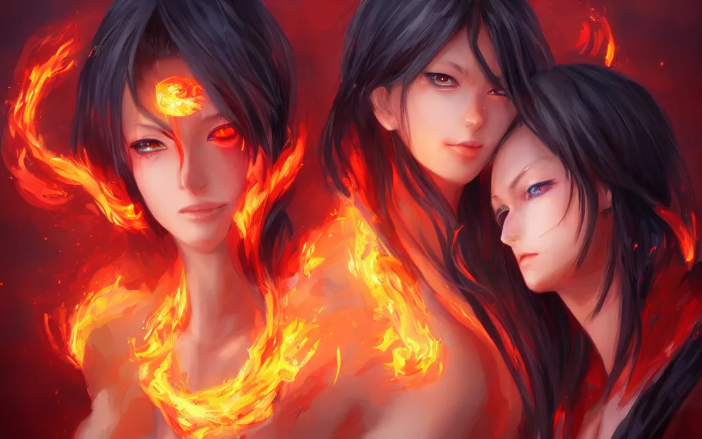 Image similar to A realistic anime portrait of a beautiful fire spirit twins with glowing red eyes and firey skin wearing clothes made of flames, digital painting, by Stanley Artgerm Lau, Sakimichan, WLOP and Rossdraws, digtial painting, trending on ArtStation, SFW version