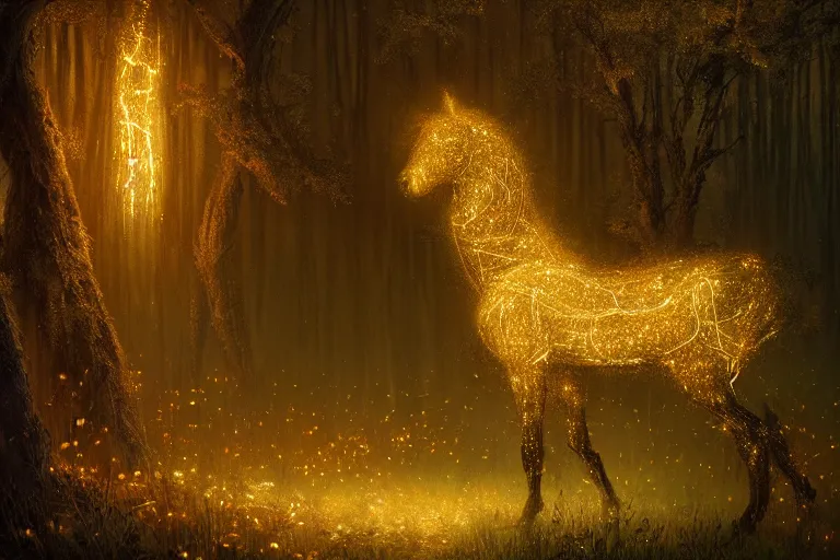 Image similar to a stunning horse completely made of fireflies with a thick mane of bioluminescent vines and flowers running through the woods by greg rutkowski, high key lighting, volumetric light, digital art, highly detailed, fine detail, intricate, ornate, complex, octane render, unreal engine, photorealistic