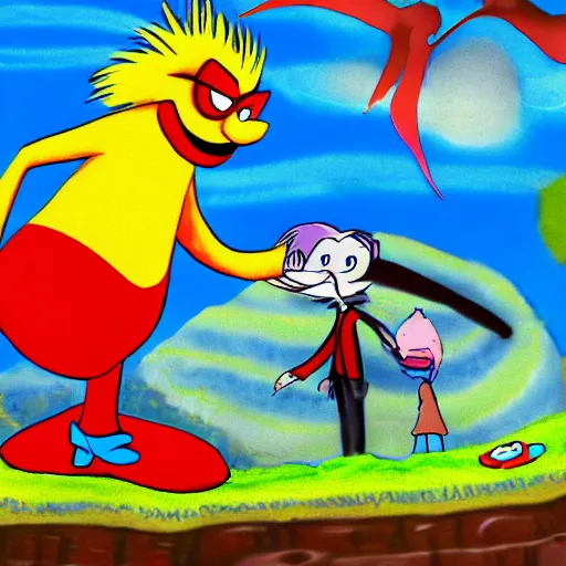 Image similar to dr. eggman pins down the lorax on a blue bed, the lorax looks back up at him longingly, ms paint drawing, digital art