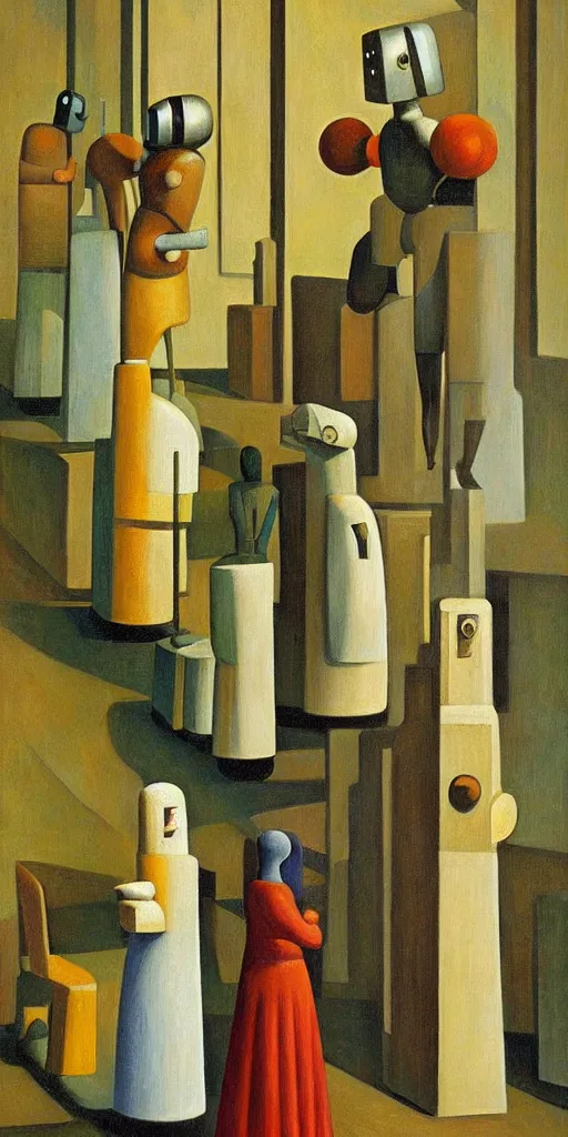 Image similar to robot druids in a grandiose atrium, grant wood, pj crook, edward hopper, oil on canvas