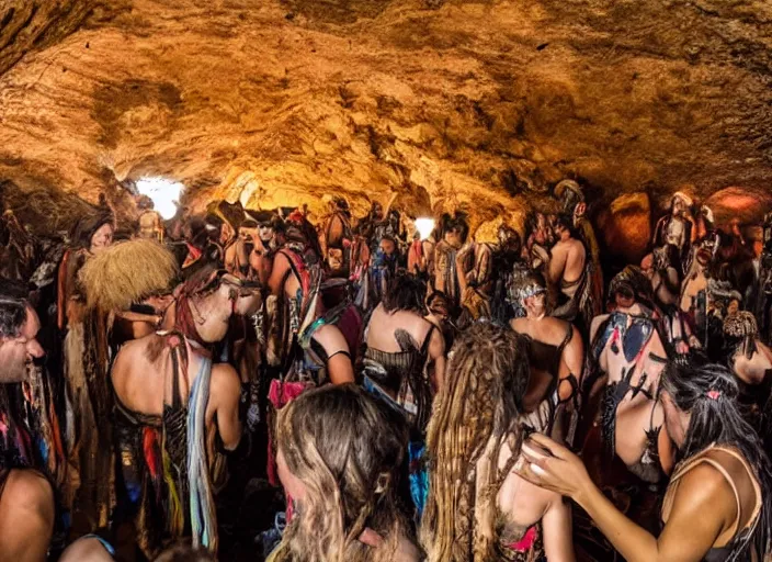 Image similar to neolithic people at a psytrance festival in a cave