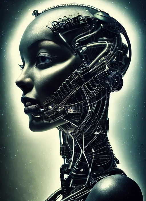 Image similar to a young beautiful female cyborg profile face, by h. r. giger, by ismail inceoglu, by kiki smith, glamor shot, vintage, closeup, f / 2. 8, low contrast, 1 6 k, rim lighting, cinematic lighting, insanely detailed and intricate, hypermaximalist, elegant, ornate, hyper realistic, super detailed