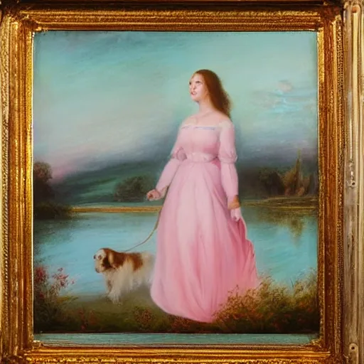 Prompt: a beautiful girl with a beautiful face wearing white dress, a dog, john martin landscape, lake evening, pastel pink and blue colors