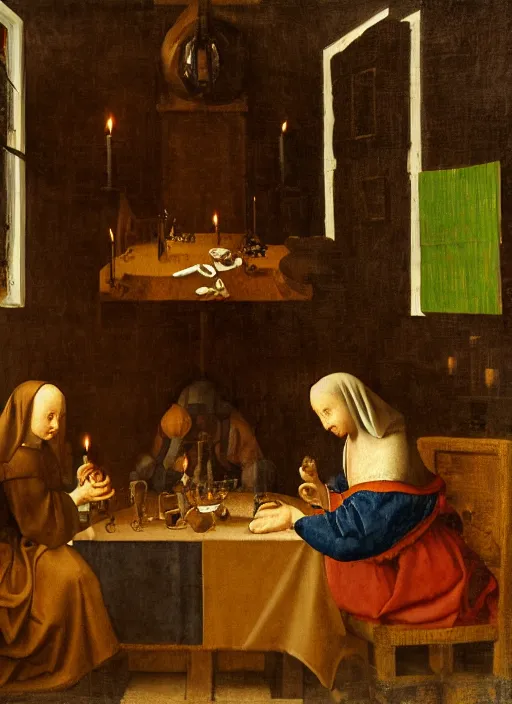 Image similar to a candlelit table at the inn, two people sitting at the table, swirling smoke, dark smoke, realistic, in the style of leonardo da vinci, dutch golden age, amsterdam, medieval painting by jan van eyck, johannes vermeer, florence