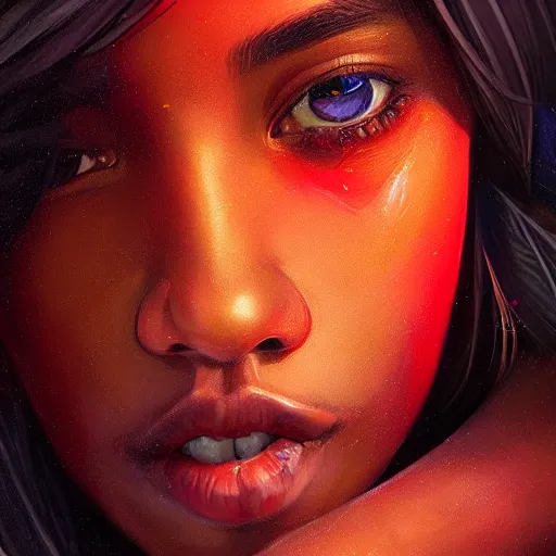 Image similar to colorful and festive captivating teenager with straight brown hair covering his eye, dark skin, big lips, big eyes, wearing a red t - shirt. rich vivid colors, ambient lighting, dynamic lighting, 4 k, atmospheric lighting, painted, intricate, highly detailed by charlie bowater