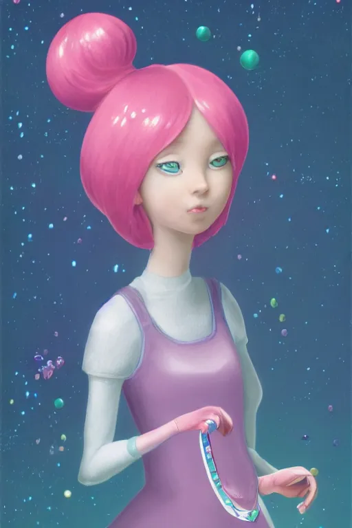 Image similar to highly detailed, profile portrait of beautiful cute adult princess bubblegum from adventure time, experimenting in her science lab, wearing lab coat, bubblegum hair with long bangs, single thin ring tiara with a sapphire gem, depth of field, illustration, concept art by nicoletta ceccoli, mark ryden, lostfish, detailed and intricate environment, 8 k resolution, hyperrealistic, octane render