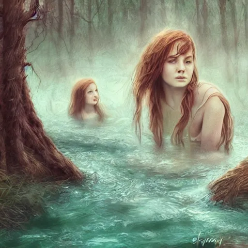 Image similar to girls in a fantasy river by leesha hannigan, fantasy, artwork, digital art, detailed faces