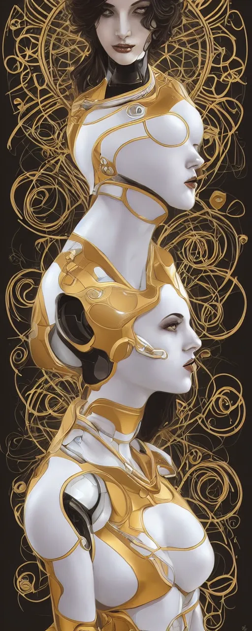 Prompt: beauty art nouveau woman, White and gold robotic, trending on artstation, by Artgerm