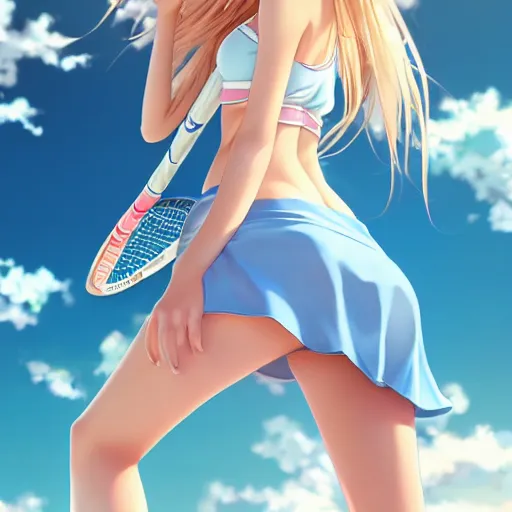 Prompt: a very beautiful young anime tennis girl, full body, long wavy blond hair, sky blue eyes, ( ( ( full round face ) ) ), short smile, bikini, miniskirt, front view, mid - shot, highly detailed, cinematic wallpaper by stanley artgerm lau