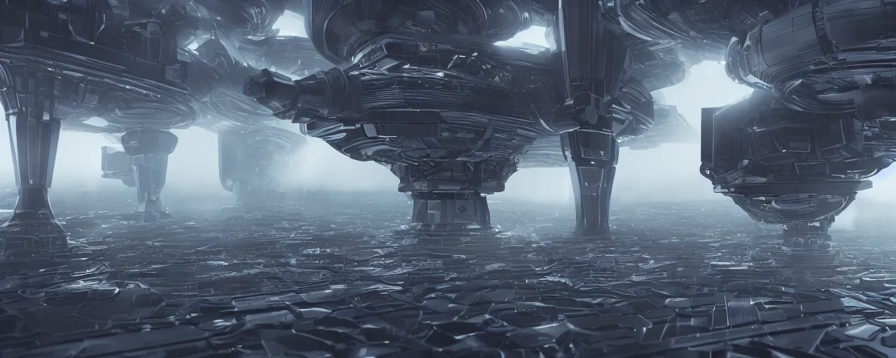 Image similar to dark scifi megastructure, octane render, volumetric lighting