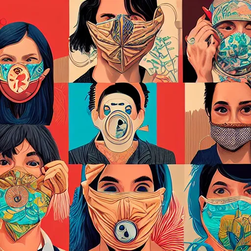 Image similar to portrait of people with sanitary mask, Tristan Eaton, artgerm, Victo Ngai, RHADS, ross draws