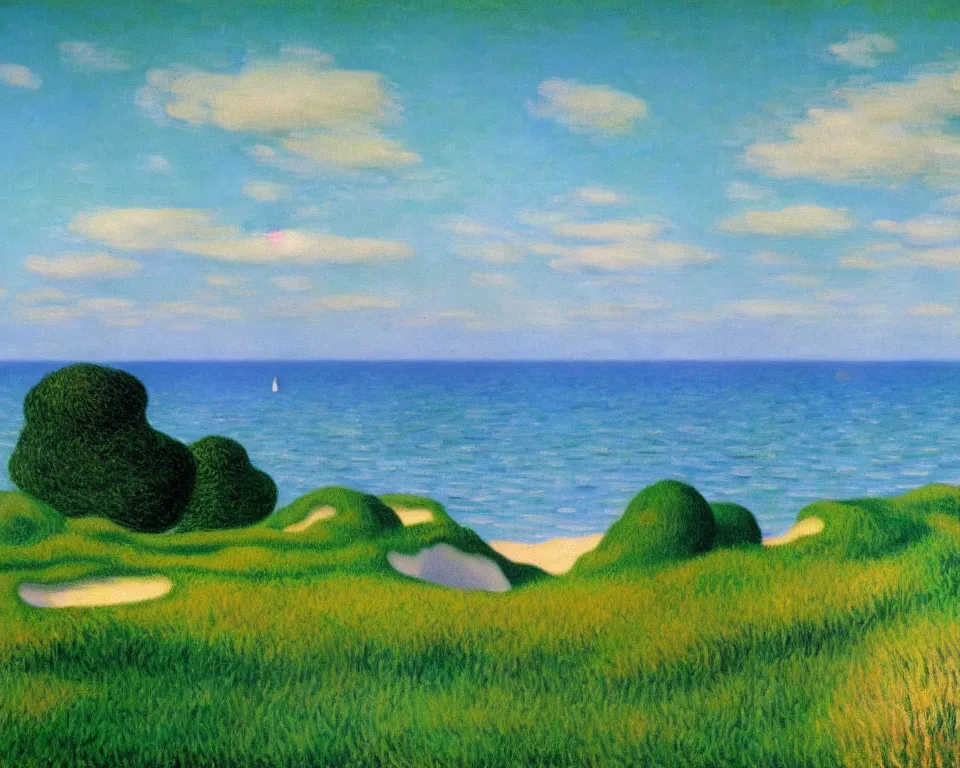 Prompt: achingly beautiful painting of bandon dunes by rene magritte, monet, and turner.