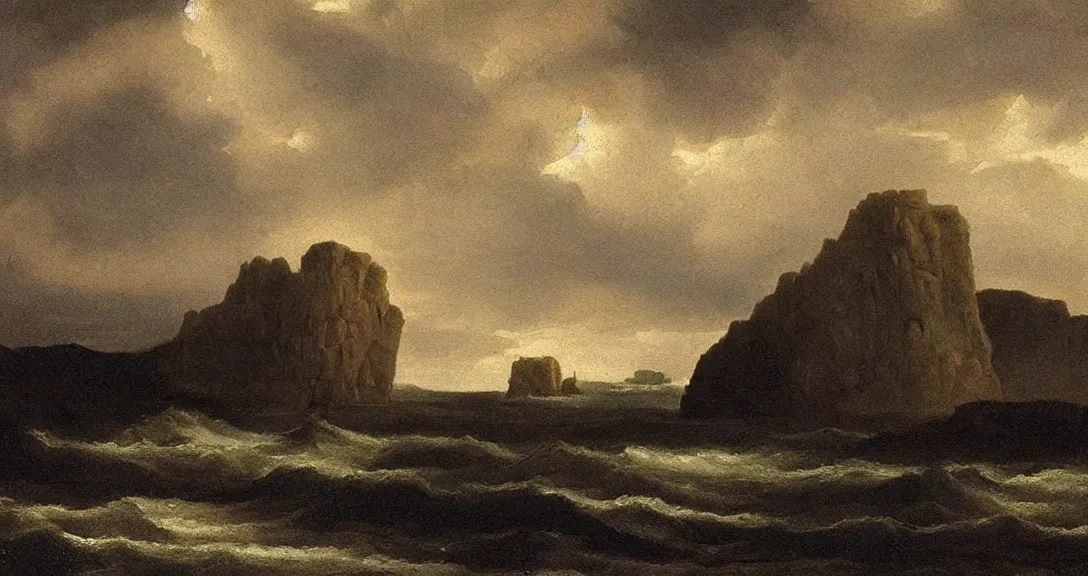 Prompt: an 1 8 th century! landscape painting of ship rock!!! moody! impressive! majestic, by carlos de haes!!!