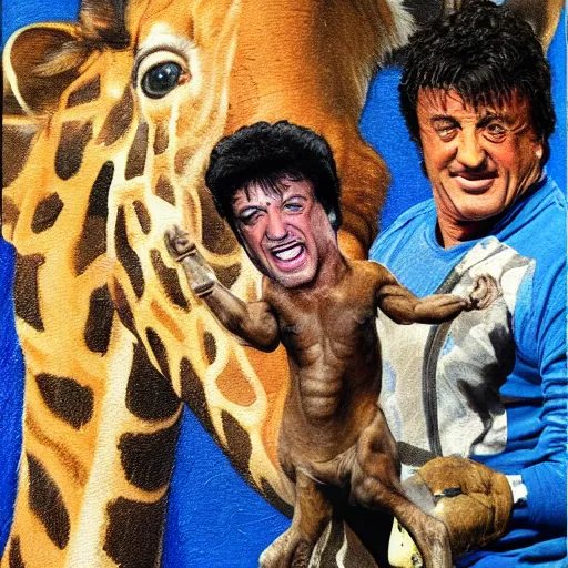 Image similar to Sylvester Stallone laughing hysterically at Danny DeVito riding a tiny giraffe, oil painting