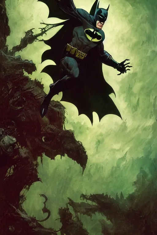 Image similar to angry batman, with dark ghost smokes around, green scary lights, sci - fi, fantasy, intricate, dark fantasy color scheme, gaston bussiere, craig mullins, j. c. leyendecker, frank frazetta, cinematic, mysterious, artgem, unreal engine