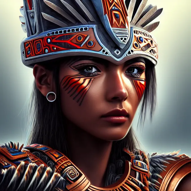 Image similar to futuristic aztec warrior, highly detailed, 4 k, hdr, smooth, sharp focus, high resolution, award - winning photo, artgerm, photorealistic