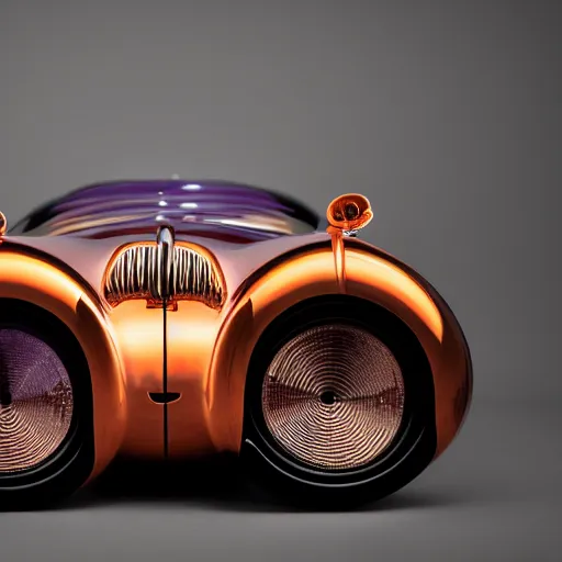 Prompt: award winning product photography, 3 5 mm lens, of a glossy orange metallic and shiny purple metallic shiny ergonomic virtual reality headset in style of a 1 9 3 6 bugatti type 5 7 sc, studio lighting,