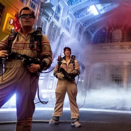 Prompt: awe inspiring Johnny Depp as a Ghostbuster in the movie Ghostbusters 8k hdr movie still dynamic lighting