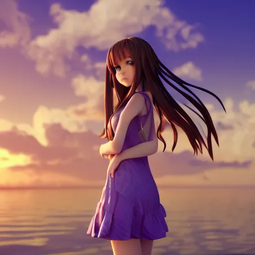 Prompt: petite girl render as a very beautiful 3d anime girl, full body, slim, long braided hair, purple eyes, full round face, short smile, cute sundress, golden hour, serene beach setting, cinematic lightning, medium shot, mid-shot, highly detailed, trending on Artstation, Unreal Engine 4k, cinematic wallpaper