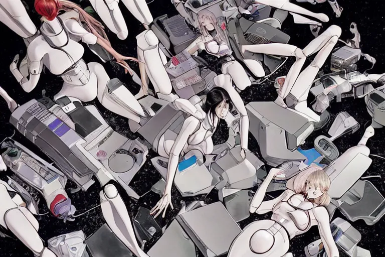 Image similar to a nice illustration of a group of female androids' lying scattered over an abstract, empty, white floor, by masamune shirow, hajime sorayama and katsuhiro otomo, view from above