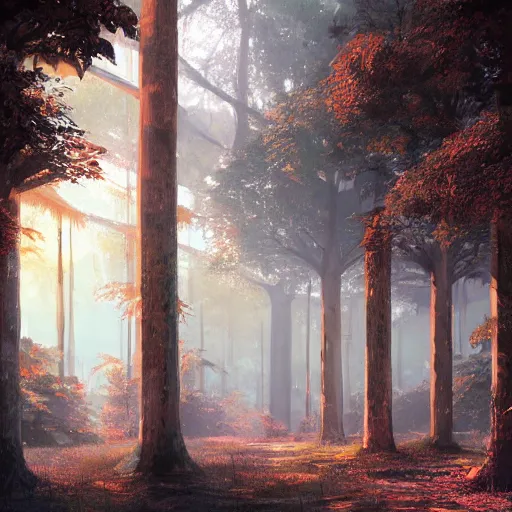 Image similar to concept art painting of trees with doors and windows, walkways between trees, in a deep forest, realistic, detailed, cel shaded, in the style of makoto shinkai and greg rutkowski and james gurney