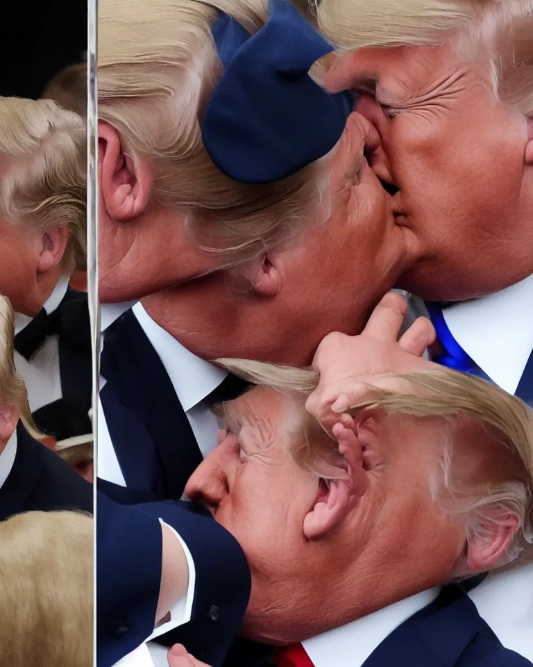 Prompt: high quality photo of a beautiful donald trump kissing donald trump. donald trump kissing donald trump. donald trump kissing donald trump. donald trump and donald trump kissing. award winning. romantic. beautiful hq. hd. brilliant. funny