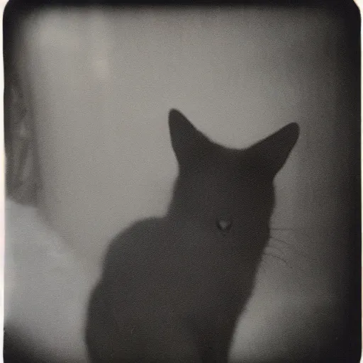 Prompt: black cloudy shadow in a cat shape, very blurry, mystical, misty, dreamy, shadow polaroid photo, by Warhol