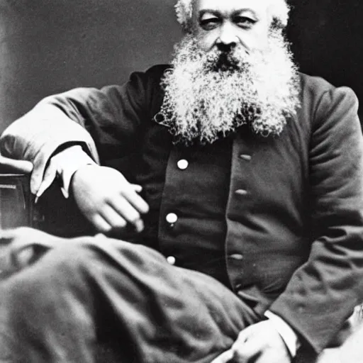 Prompt: Karl Marx dressed as a Starbucks Barista, photograph