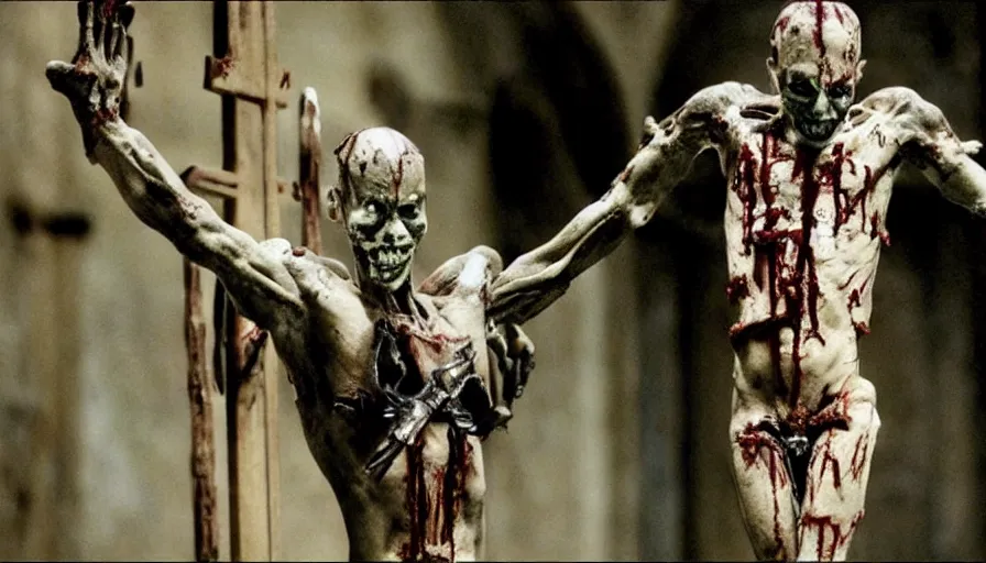 Image similar to Movie by Ridley Scott about a crucified cyborg zombie nailed to a crucifix