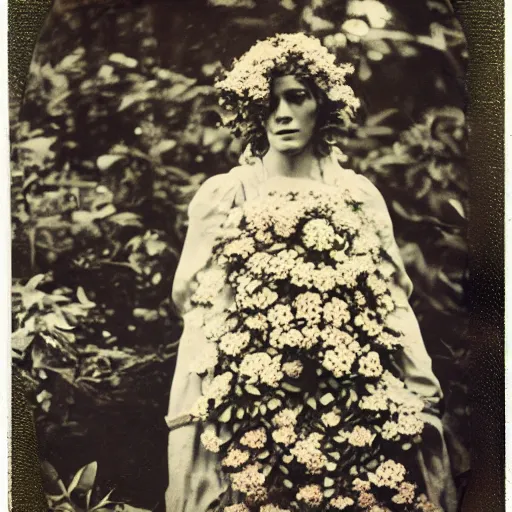 Prompt: portrait of a beautiful woman covered in flowers, Forest, ray gods, 1910 polaroid photography