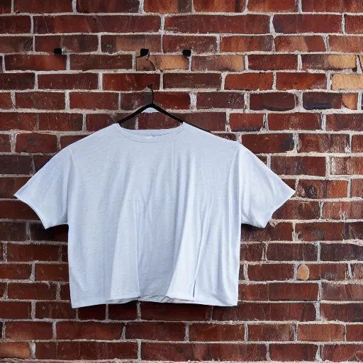 Prompt: a t shirt with unique design in a hanger in front of a brick wall, warmly lit photograph, product photography