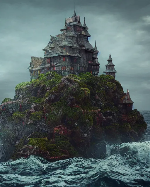 Prompt: a castle on an island. Dark stormy sea. intricate artwork by Tooth Wu and wlop and beeple. octane render, hyper realism, 8k