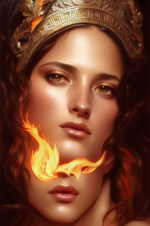 Image similar to portrait of beautiful greek goddess, eyes ablaze with silver fire, by terry o'neill intricate, elegant, highly detailed, digital painting, glistening skin, artstation, concept art, smooth, sharp focus, bright lighting, illustration, art by artgerm and greg rutkowski and alphonse mucha, 8 k