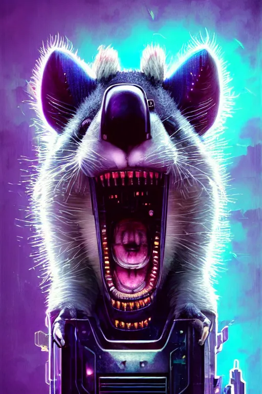 Image similar to a beautiful portrait of a cute cyberpunk opossum screaming by sandra chevrier and greg rutkowski and wlop, purple blue color scheme, high key lighting, volumetric light, digital art, highly detailed, fine detail, intricate, ornate, complex, octane render, unreal engine, photorealistic