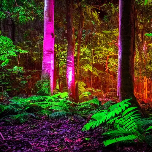 Prompt: a rainforest clearing at night softly lit by neon lights, dim lighting, leaves in foreground, HD, 8k, high resolution, photo