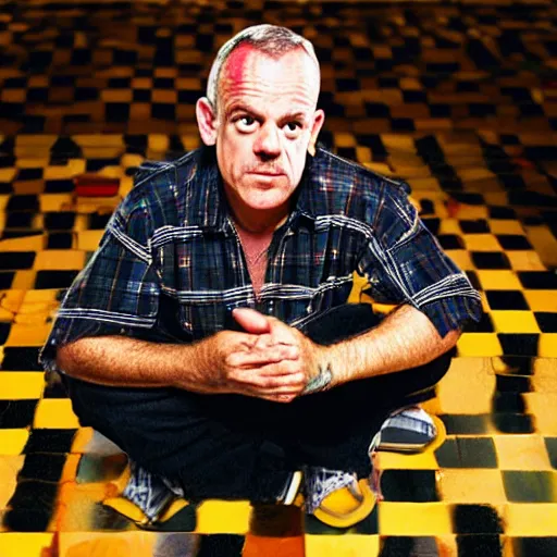 Image similar to fatboy slim, on a checkered floor